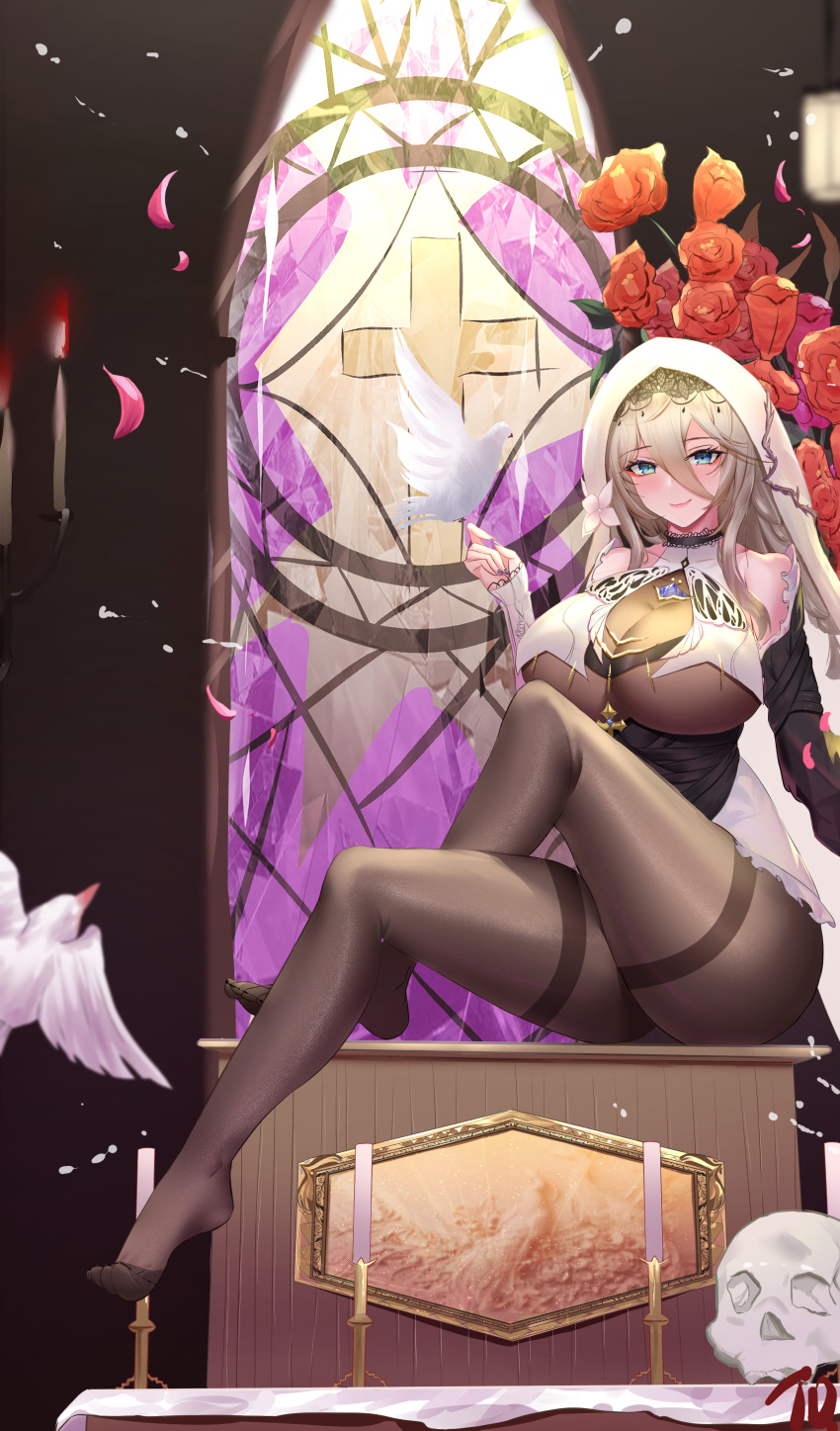 1girl absurdres aponia_(honkai_impact) bare_shoulders bird bird_on_hand black_pantyhose blonde_hair blue_eyes breasts candle cleavage closed_mouth covered_collarbone cross crossed_legs dove dress falling_petals feet flower habit hair_between_eyes hair_flower hair_ornament highres honkai_(series) honkai_impact_3rd legs nanoda002_(saber427) nun orange_flower pantyhose petals pink_petals see-through see-through_cleavage sitting skull sleeveless sleeveless_dress smile thighband_pantyhose white_flower
