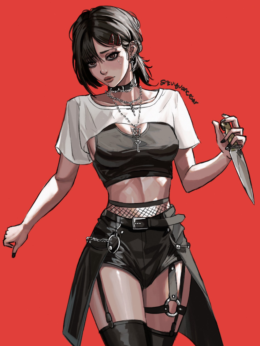 1girl anti-eyebrow_piercing belt black_nails black_shorts black_tank_top black_thighhighs breasts chain chain_necklace chainsaw_man choker closed_mouth commentary covered_nipples cowboy_shot crop_top cropped_shirt cross cross_earrings earrings english_commentary eyelashes eyeliner fishnets garter_straps gothic hair_behind_ear hand_up higashiyama_kobeni highres holding holding_knife jewelry key key_necklace knife labret_piercing lipstick looking_at_viewer makeup midriff mole mole_under_eye mole_under_mouth multiple_earrings multiple_moles nail_polish necklace o-ring ponytail red_background red_eyes reverse_grip shirt short_ponytail short_shorts short_sleeves shorts showgirl_skirt solo t-shirt tank_top thighhighs toned white_shirt zu_yuan_cesar
