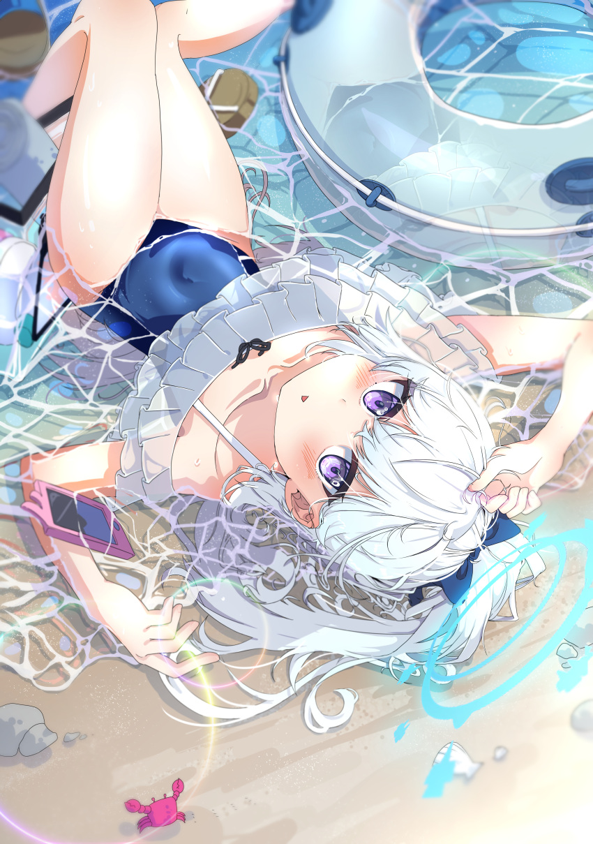 1girl absurdres animal bare_arms bare_legs bare_shoulders black_one-piece_swimsuit blue_archive blue_halo blush cellphone crab frilled_one-piece_swimsuit frills grey_hair halo highres long_hair looking_at_viewer miyako_(blue_archive) miyako_(swimsuit)_(blue_archive) ocean off-shoulder_one-piece_swimsuit off_shoulder official_alternate_costume one-piece_swimsuit open_mouth phone ponytail purple_eyes rojyuhi smartphone solo swimsuit water