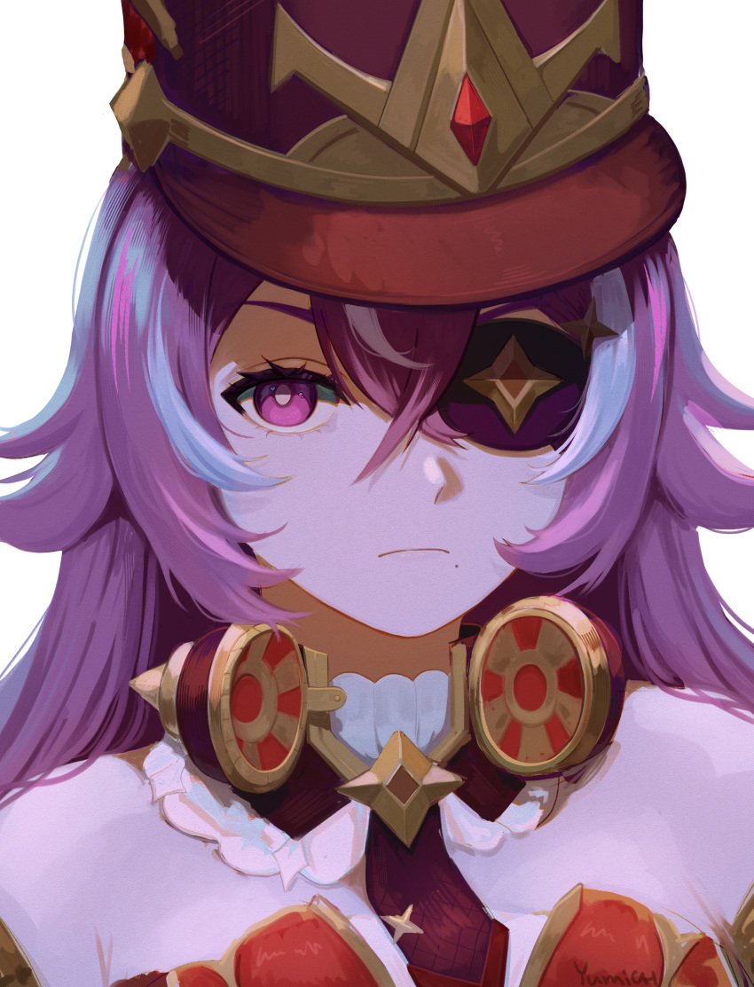 1girl absurdres artist_name bare_shoulders black_necktie breasts bright_pupils chevreuse_(genshin_impact) close-up commentary crossed_bangs detached_collar detached_sleeves earmuffs earmuffs_around_neck eyepatch gaiters genshin_impact gold_trim hair_between_eyes hat highres long_hair looking_at_viewer mole mole_under_mouth multicolored_hair necktie pointy_hair purple_eyes purple_hair shako_cap sidelocks simple_background small_breasts solo streaked_hair thighhigh_gaiters thighhighs two-tone_hair white_background white_hair white_pupils yumich