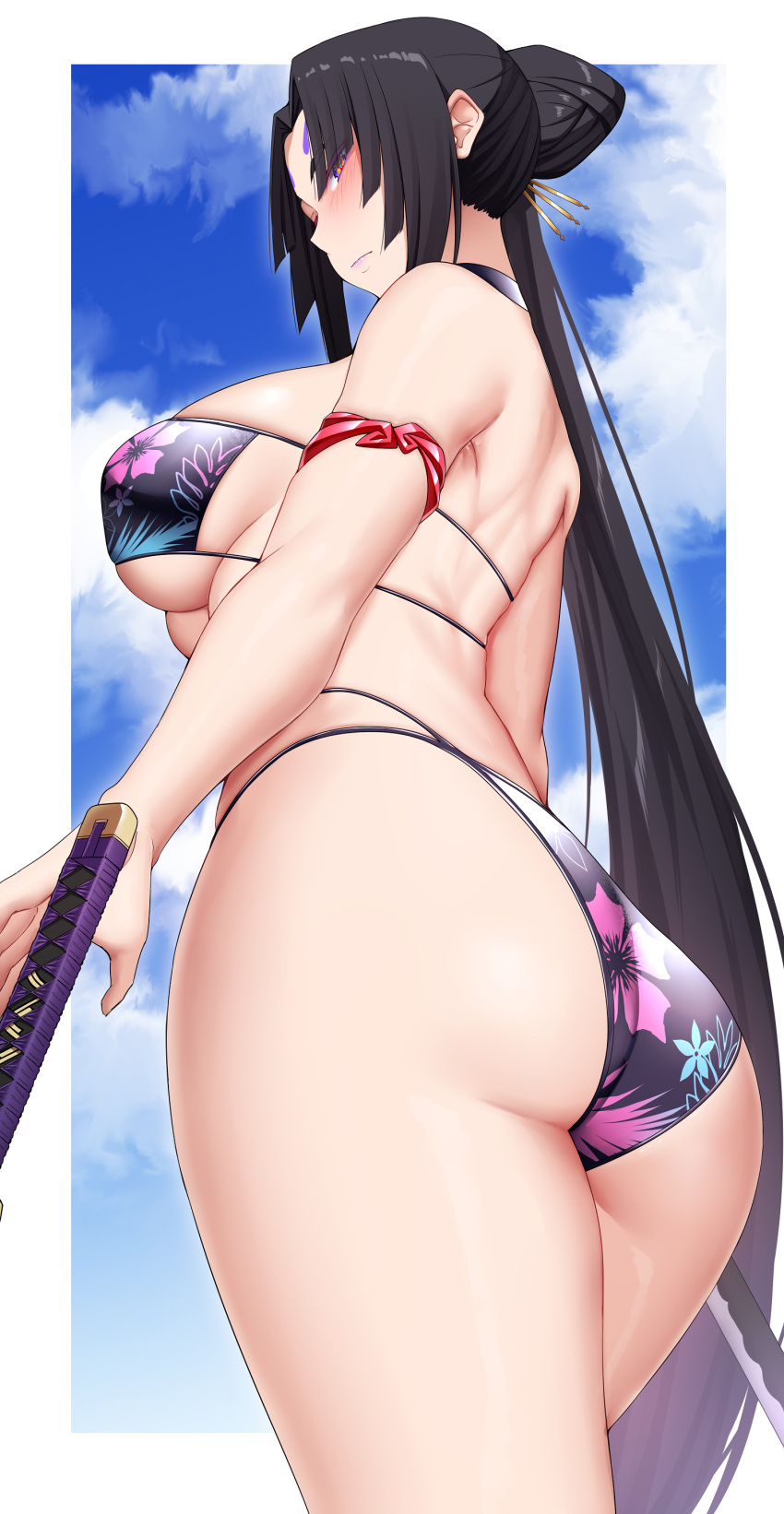 1girl absurdres arind_yudha arm_strap ass ass_focus bare_shoulders bikini black_hair blush breasts closed_mouth day fate/grand_order fate_(series) floral_print from_behind from_below hair_ornament highres long_hair looking_at_viewer outdoors purple_bikini purple_eyes purple_lips swimsuit taira_no_kagekiyo_(fate) thighs underboob ushiwakamaru_(fate) weapon