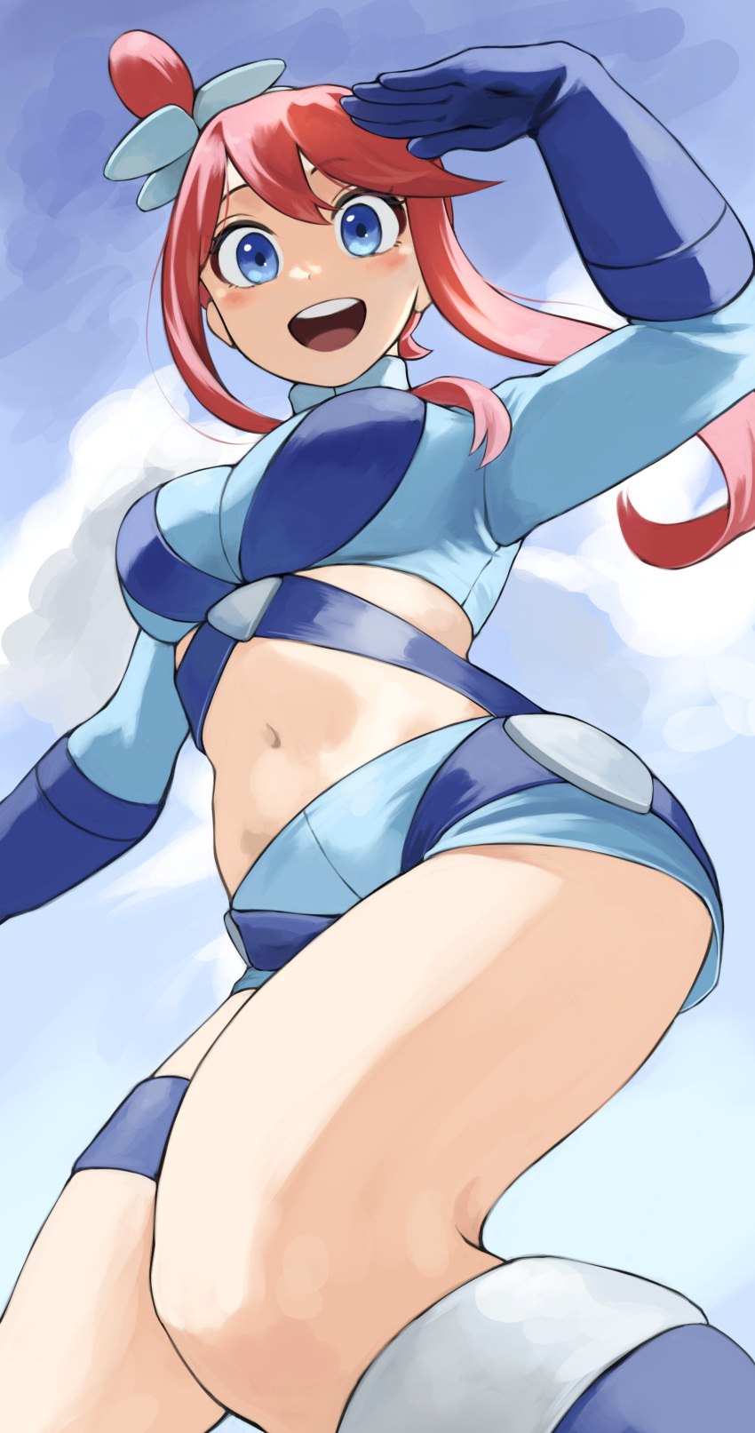 1girl :d absurdres blue_eyes blue_gloves blue_shirt blue_shorts blue_sky breasts cloud crop_top cropped_shirt day fengling_(furin-jp) gloves hair_ornament highres long_sleeves medium_breasts midriff navel open_mouth outdoors pokemon pokemon_bw red_hair shirt short_hair_with_long_locks shorts sky skyla_(pokemon) smile solo