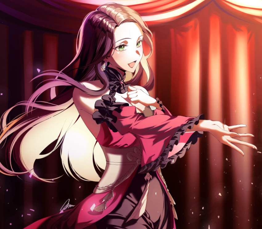 1girl a_(asan_a_aa) absurdres bare_shoulders brown_hair commentary_request curtains detached_collar detached_sleeves dorothea_arnault dress earrings fire_emblem fire_emblem:_three_houses floating_hair forehead frilled_sleeves frills green_eyes hand_on_own_chest highres indoors jewelry lips long_hair open_mouth reaching red_dress red_lips signature smile solo