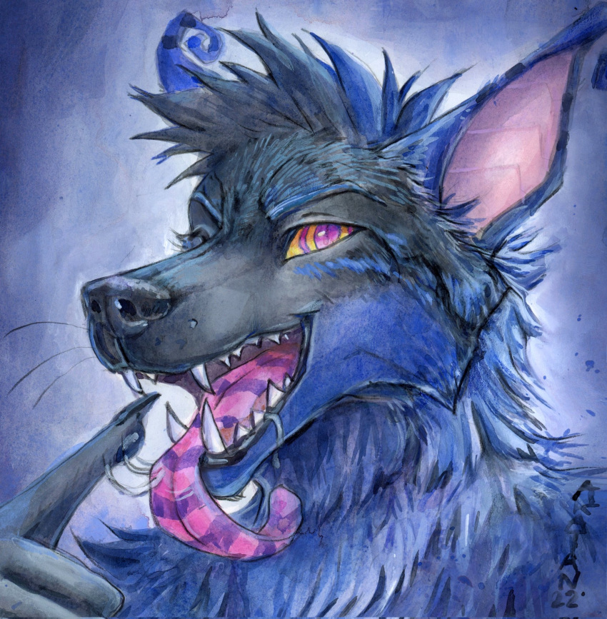 2022 akatan_art anthro blue_body blue_fur blue_hair bodily_fluids bust_portrait canid dated fur grey_hair hair hi_res hypnotic_eyes looking_at_viewer male mammal multicolored_hair open_mouth pink_tongue portrait purple_tongue saliva saliva_string sharp_teeth signature simple_background solo striped_tongue teeth tongue two_tone_hair