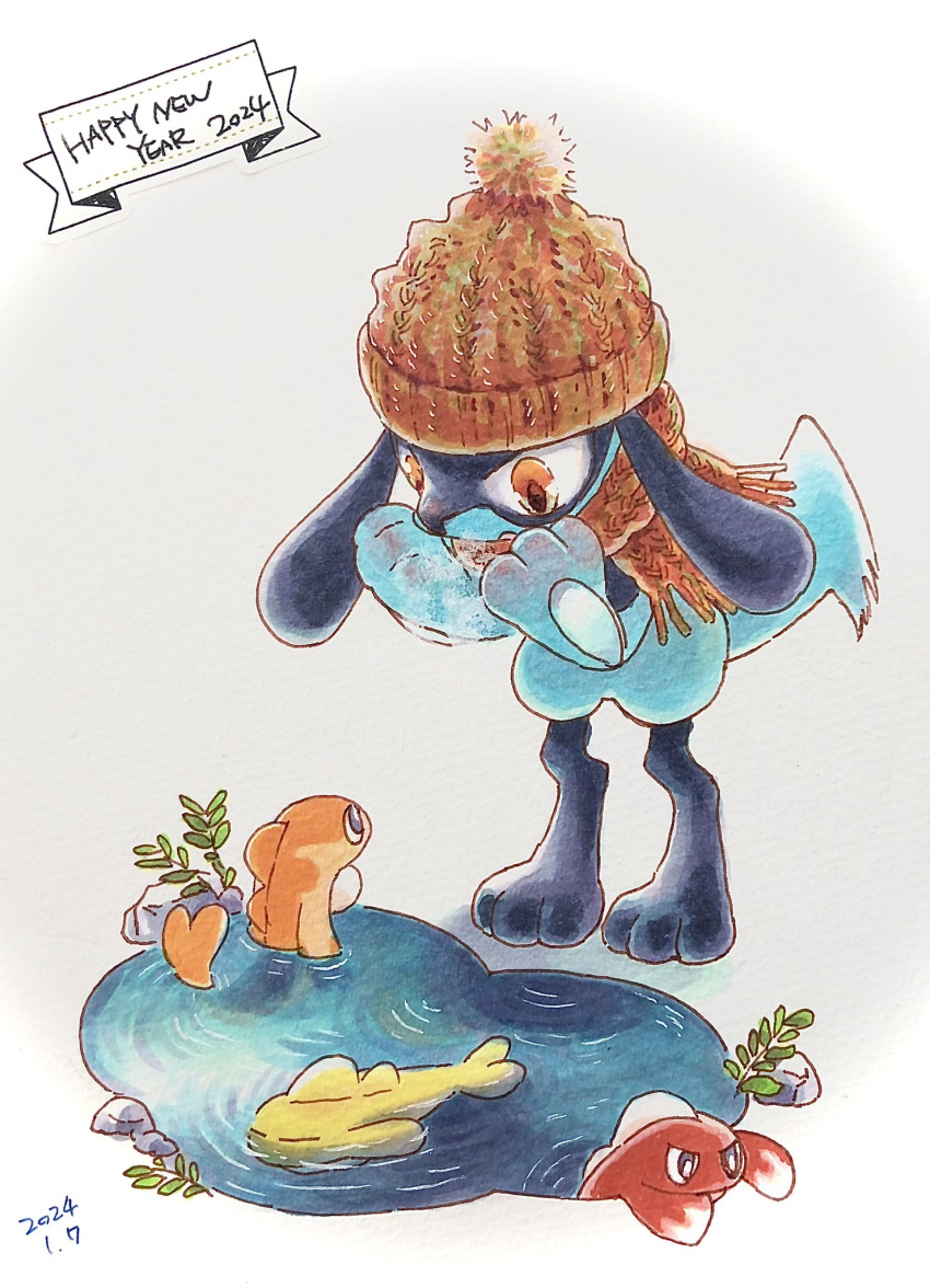 2024 beanie blue_fur brown_eyes brown_headwear brown_scarf commentary_request dated happy_new_year hat highres maholand plant pokemon pokemon_(creature) pond riolu ripples rock scarf simple_background standing tail tatsugiri tatsugiri_(curly) tatsugiri_(droopy) tatsugiri_(stretchy) water white_background