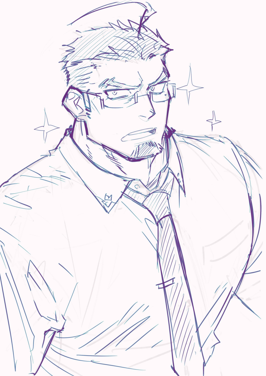 1boy absurdres ahoge bara beard collared_shirt facial_hair formal from_above glasses goatee greyscale highres live_a_hero looking_at_viewer male_focus mature_male mole mole_under_eye monochrome muscular muscular_male necktie seiichiro_(live_a_hero) shirt short_hair sketch solo sparkling_aura thick_beard undercut upper_body yakisoba_ohmori