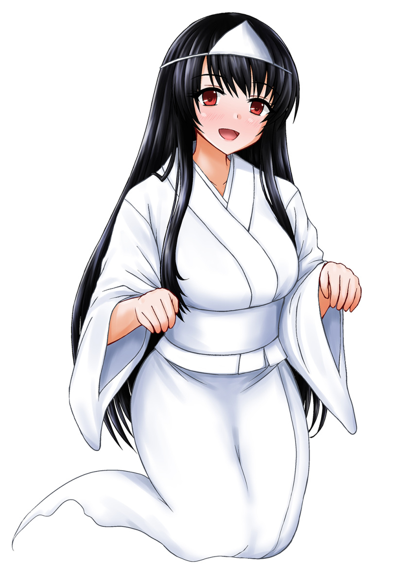1girl :d black_hair blush commission fusou_(kancolle) ghost ghost_tail highres japanese_clothes kamiya_tadato kantai_collection long_hair looking_at_viewer pixiv_commission red_eyes simple_background smile solo triangular_headpiece white_background