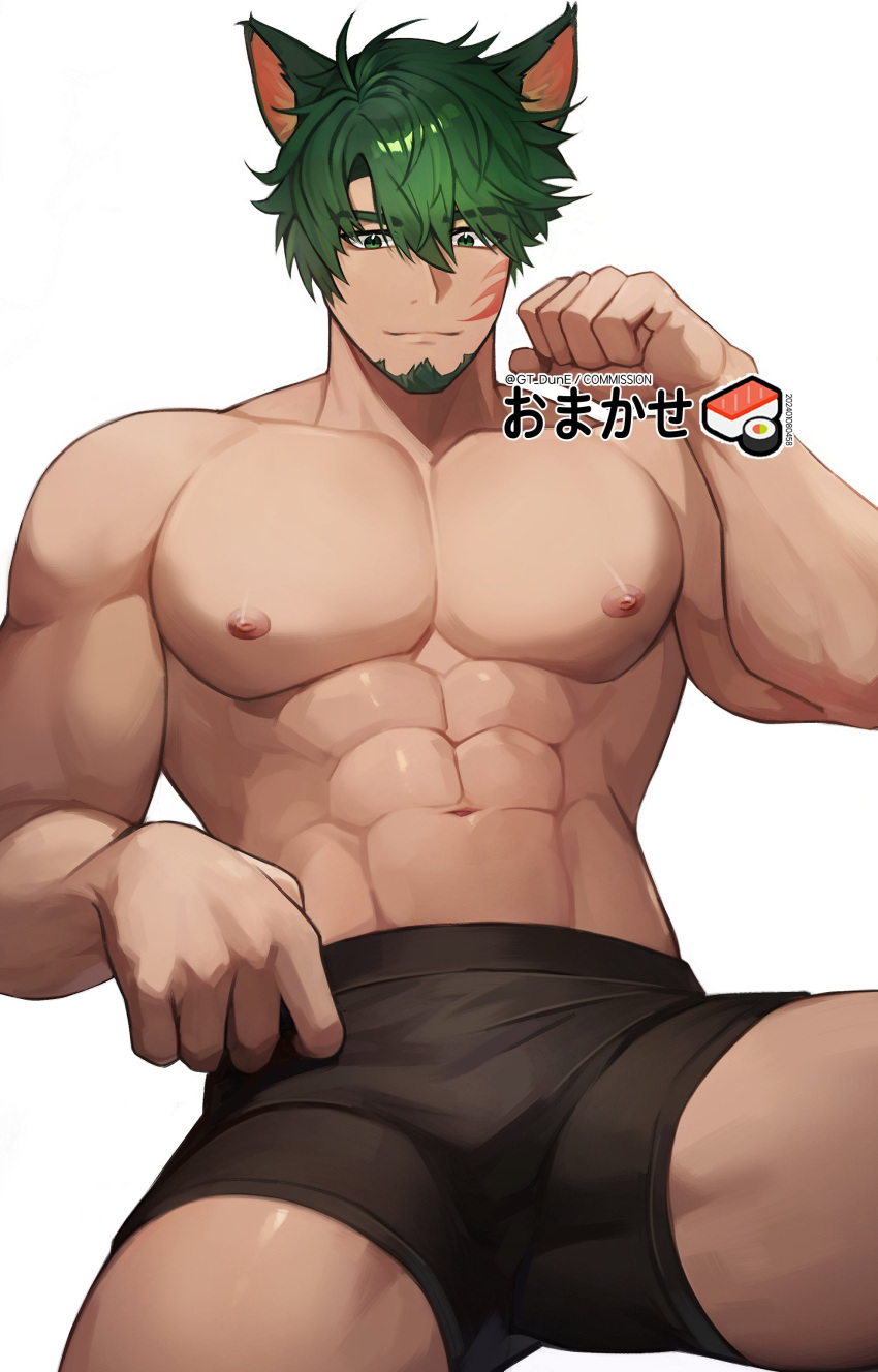 1boy abs absurdres animal_ears bara black_male_underwear boxer_briefs bulge closed_mouth facial_hair facial_mark feet_out_of_frame food goatee green_eyes green_hair gt_dune hair_between_eyes highres large_pectorals looking_at_viewer male_focus male_underwear muscular muscular_male navel nipples original parted_bangs paw_pose pectorals short_hair simple_background smile solo spread_legs sushi thighs topless_male twitter_username underwear underwear_only white_background