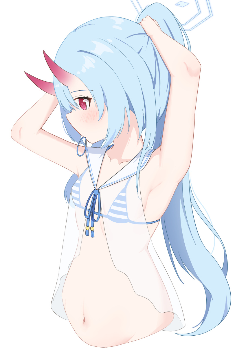 1girl absurdres armpits bare_arms bikini bikini_top_only blue_archive blue_hair blue_halo blush chise_(blue_archive) chise_(swimsuit)_(blue_archive) halo highres icetea_(8862) light_blue_hair looking_at_viewer navel official_alternate_costume official_alternate_hairstyle presenting_armpit purple_eyes side_ponytail simple_background solo swimsuit