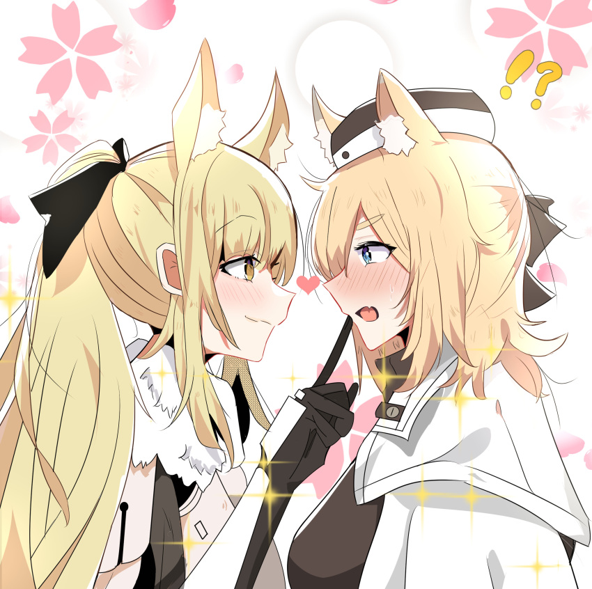 2girls absurdres akabeko123 animal_ear_fluff animal_ears arknights aunt_and_niece blemishine_(arknights) blonde_hair blue_eyes blush bow eye_contact hair_bow heart highres horse_ears horse_girl long_hair looking_at_another multiple_girls open_mouth ponytail smile sparkle upper_body whislash_(arknights) yellow_eyes yuri