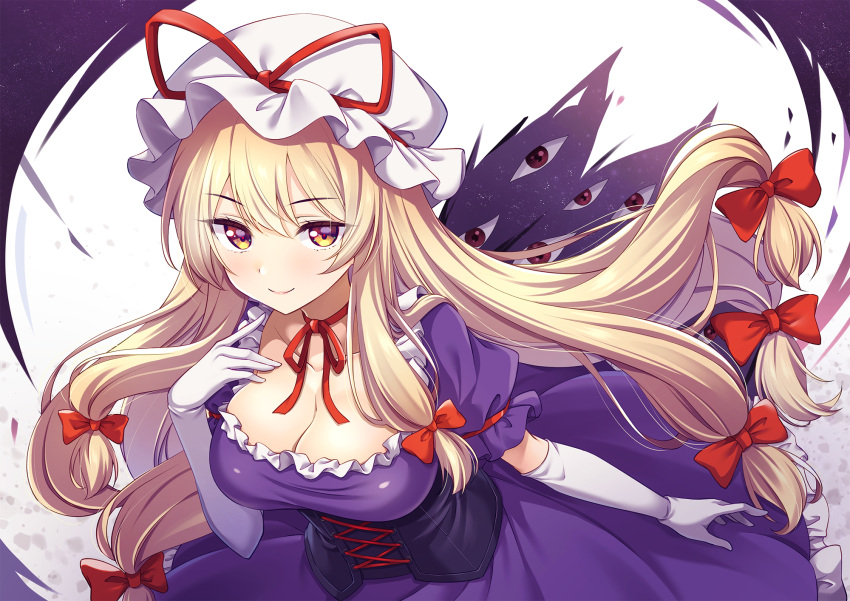 1girl blonde_hair bow breasts choker cleavage corset dress elbow_gloves gap_(touhou) gloves hair_bow hat highres long_hair looking_at_viewer medium_breasts mob_cap multiple_hair_bows murasaki_atsushi puffy_short_sleeves puffy_sleeves purple_dress red_bow red_ribbon ribbon ribbon_choker short_sleeves smile solo touhou white_gloves yakumo_yukari yellow_eyes