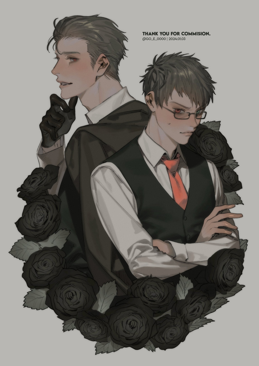 2boys absurdres artist_name bishounen black_flower black_gloves black_rose black_vest brown_jacket buttons closed_mouth collared_shirt commission cropped_torso crossed_arms dated english_text flower forehead from_side glasses gloves go_e_0000 green_eyes grey_background grey_hair hair_slicked_back heterochromia highres jacket leather leather_gloves lips long_sleeves looking_back male_focus multiple_boys necktie nose original parted_lips rectangular_eyewear red_eyes red_tie rose shirt short_hair simple_background skeb_commission sweatdrop teeth thank_you vest white_shirt