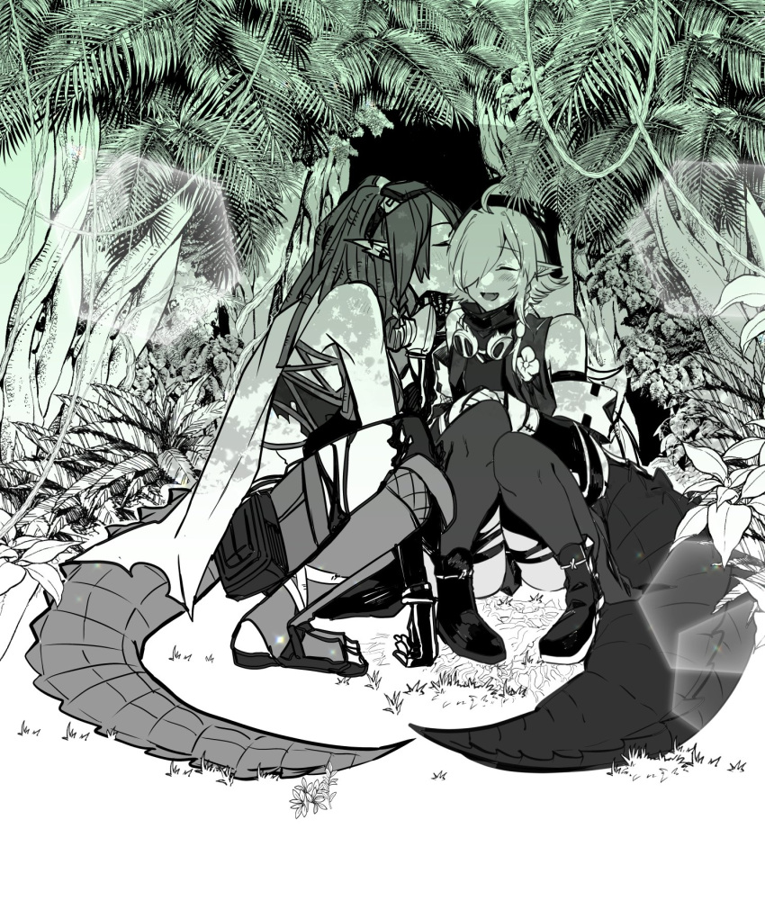 2girls ahoge arknights ban_syou character_request full_body gavial_(arknights) hair_over_one_eye highres lizard_tail monochrome multiple_girls pointy_ears reptile_girl sitting smile tail