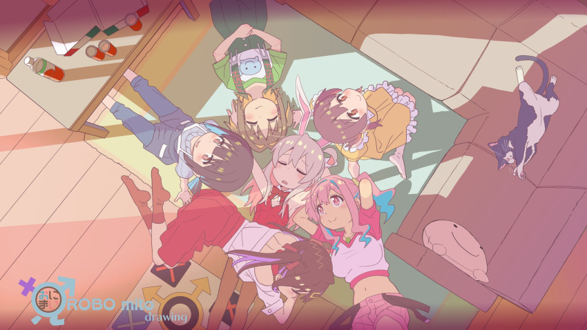 6+girls ahoge arms_behind_head black_hair bottle bow bowtie breasts brown_eyes carpet cat closed_eyes couch cushion dance_pad detached_collar dress fang genderswap genderswap_(mtf) hair_ornament hair_ribbon hand_on_own_stomach highres hozuki_kaede hozuki_momiji large_breasts leotard long_hair looking_at_another looking_up multiple_girls murosaki_miyo navel oka_asahi onii-chan_wa_oshimai! open_mouth oyama_mahiro oyama_mihari pink_eyes pink_hair pizza_box playboy_bunny ponytail ribbon robomito short_hair short_shorts shorts siblings sisters smile socks strapless strapless_leotard table twintails wrist_cuffs