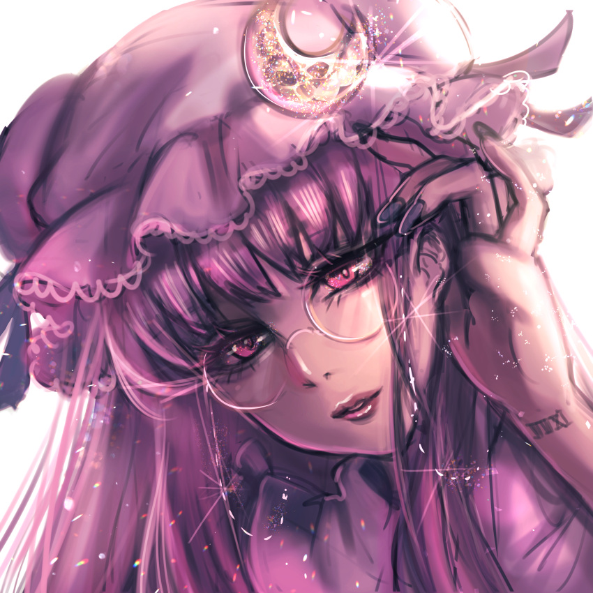 1girl absurdres backlighting blunt_bangs crescent crescent_hat_ornament glasses glitter hat hat_ornament head_tilt highres kyogoku-uru lips long_hair looking_at_viewer mob_cap nail_polish patchouli_knowledge pink_headwear portrait purple_eyes purple_hair purple_nails simple_background solo touhou white_background