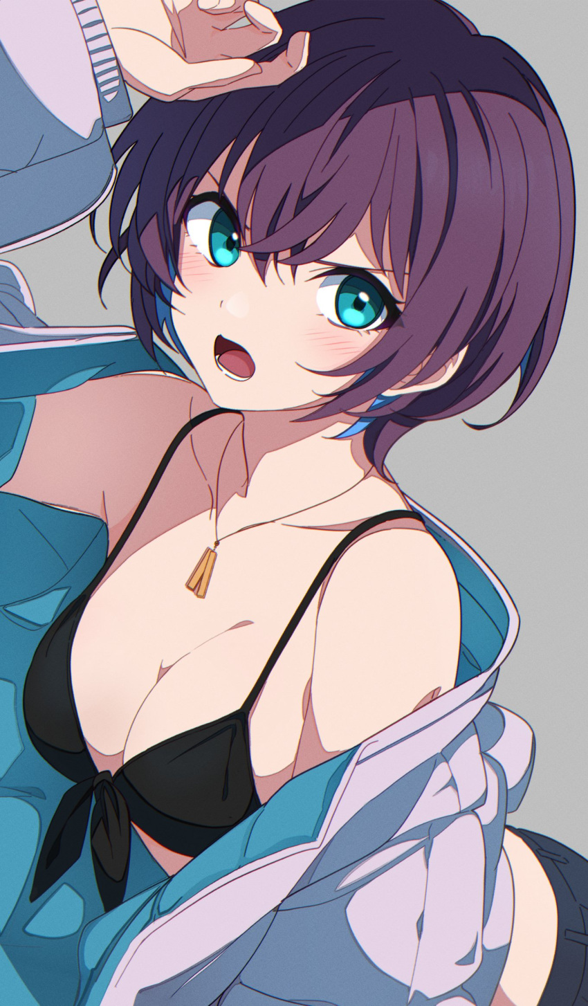 1girl aqua_eyes bare_shoulders bikini black_bikini blue_hair blush breasts brown_hair cleavage collarbone colored_inner_hair grey_background hair_between_eyes highres jacket jewelry kazenoko large_breasts long_sleeves looking_at_viewer multicolored_hair necklace open_mouth original short_hair solo swimsuit two-sided_fabric two-sided_jacket upper_body v-shaped_eyebrows white_jacket