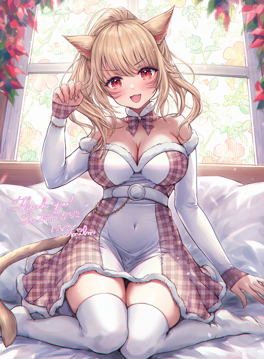 1girl animal_ears bare_shoulders belt blonde_hair blush breasts cat_ears cat_girl cat_tail cleavage commission detached_sleeves dress facial_mark fang final_fantasy final_fantasy_xiv fur-trimmed_dress fur_trim highres large_breasts long_hair looking_at_viewer miqo'te mirukurim open_mouth ponytail red_eyes sitting skeb_commission skin_fang tail thighhighs wariza warrior_of_light_(ff14) whisker_markings white_thighhighs window