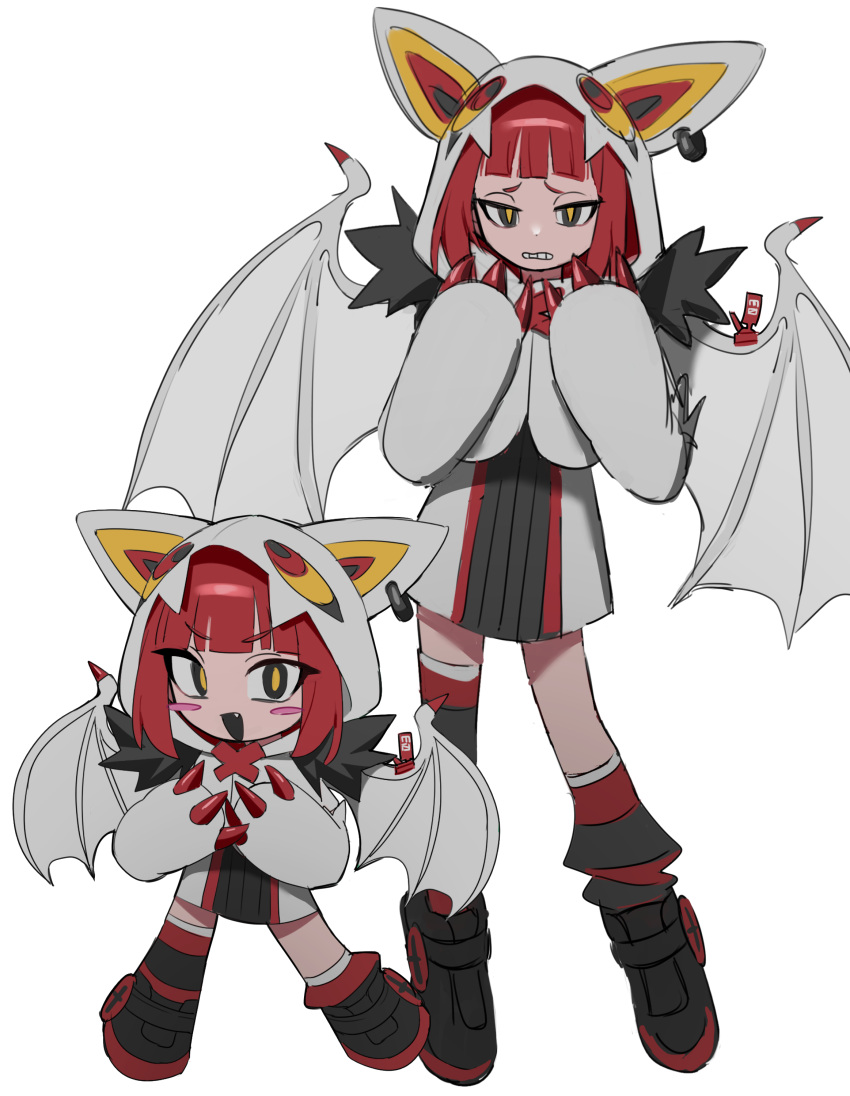 1girl absurdres animal_ear_headwear animal_ears arms_up asymmetrical_legwear bat_ears bat_girl bat_wings blunt_bangs blush_stickers boots bright_pupils chibi clenched_teeth dress ear_tag fake_animal_ears fake_claws floating full_body fur_trim furrowed_brow green_eyes grimace half-closed_eyes highres hood hood_up hooded_shrug hoodie hyow leg_warmers legs_apart open_mouth original red_hair short_dress shrug_(clothing) simple_background teeth uneven_legwear white_background white_hoodie white_wings wing_ornament wings yellow_pupils