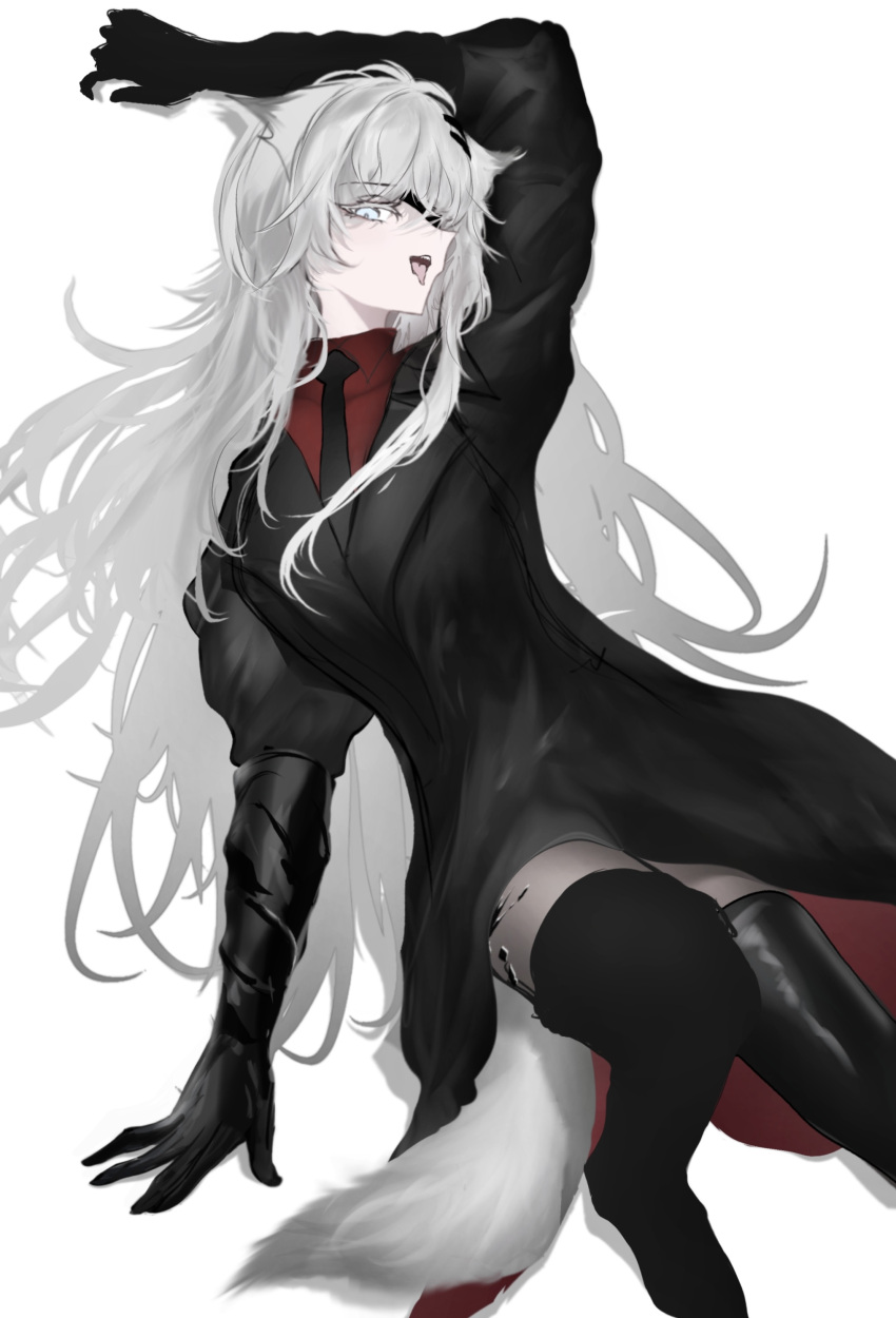 1girl absurdres arknights black_gloves black_necktie cowboy_shot gloves hand_up highres lappland_(arknights) long_hair mebe_(teadia_violet) necktie simple_background solo suit white_background white_hair