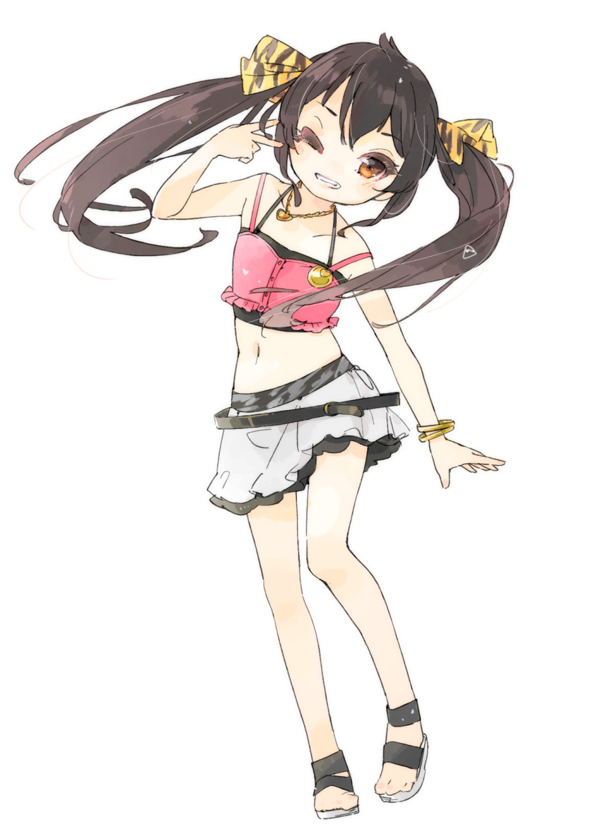 1girl belt black_belt black_hair blush bracelet commentary_request crop_top eyelashes flat_chest full_body grin gyaru_v hair_between_eyes hair_ribbon hand_up heart heart_necklace highres idolmaster idolmaster_cinderella_girls idolmaster_cinderella_girls_u149 jewelry legs long_hair looking_at_viewer matoba_risa midriff miniskirt navel necklace one_eye_closed pink_shirt ribbon sandals shipu_(toppintetratorten) shirt sidelocks skirt smile solo stomach teeth thighs twintails v white_background white_skirt yellow_eyes yellow_ribbon