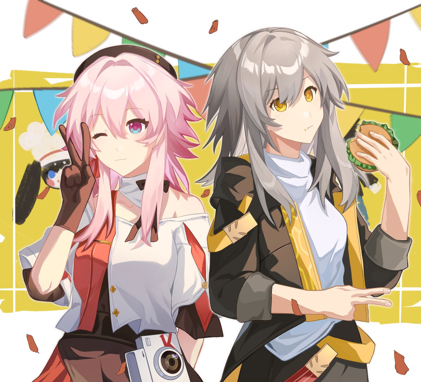 2girls arm_behind_back beret black_gloves black_headwear black_shirt blue_eyes bujiafei burger camera chinese_commentary closed_mouth coat collar commentary_request cropped_jacket detached_collar earrings eating food food_bite gloves hand_up hat highres holding holding_food honkai:_star_rail honkai_(series) jacket jewelry march_7th_(honkai:_star_rail) march_7th_(kfc)_(honkai:_star_rail) multicolored_clothes multicolored_jacket multiple_girls off-shoulder_jacket off-shoulder_shirt off_shoulder one_eye_closed open_clothes open_coat pink_eyes pom-pom_(honkai:_star_rail) pom-pom_(kfc)_(honkai:_star_rail) red_jacket shirt short_sleeves single_earring sleeves_rolled_up smile stelle_(honkai:_star_rail) trailblazer_(honkai:_star_rail) two-tone_eyes v white_collar white_jacket white_shirt