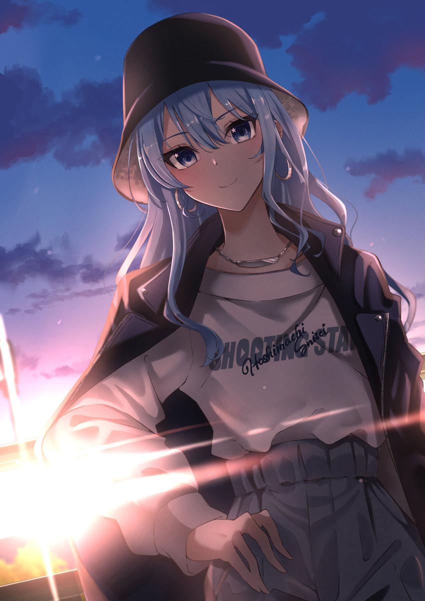 1girl absurdres alternate_costume alternate_hairstyle black_headwear black_jacket blue_eyes blue_hair blue_pants bucket_hat character_name earrings english_text hand_on_own_hip hat highres hololive hoop_earrings hoshimachi_suisei jacket jewelry leather leather_jacket lens_flare medium_hair necklace night night_sky open_clothes open_jacket pants shirt shirt_tucked_in sky smile solo star_(symbol) star_in_eye symbol_in_eye t-shirt tilu virtual_youtuber white_shirt