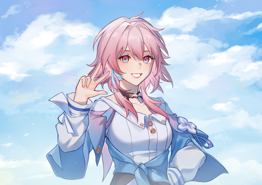 1girl absurdres black_choker blue_eyes blue_jacket blue_sky buttons chinese_commentary choker clenched_teeth cloud cloudy_sky dress_shirt flower_ornament gradient_jacket hand_up highres honkai:_star_rail honkai_(series) jacket long_sleeves march_7th_(honkai:_star_rail) medium_hair pink_eyes pink_hair pink_jacket qiaoerhuahuahua shirt sky smile solo teeth tied_jacket underbust upper_body w white_shirt