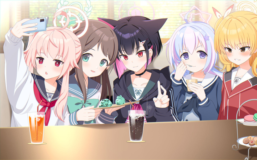 5girls :d after-school_sweets_club_(blue_archive) airi_(blue_archive) animal_ears arm_up bench black_choker black_eyes black_hair black_jacket blonde_hair blue_archive blue_hair blunt_bangs blurry cake_stand cat_ears cat_girl cellphone choker cola collarbone colored_inner_hair commentary_request cookie cup depth_of_field drinking_glass drinking_straw eating eko extra_ears food green_eyes hair_between_eyes hair_bobbles hair_ornament hair_ribbon hairclip halo highres holding holding_phone holding_tray hood hooded_jacket ice ice_cream ice_cube indoors jacket juice kazusa_(blue_archive) light_blue_hair long_hair long_sleeves looking_at_viewer macaron multicolored_hair multiple_girls natsu_(blue_archive) on_bench orange_juice parted_lips pendant_choker phone pink_hair purple_eyes red_eyes red_jacket reisa_(blue_archive) restaurant ribbon school_uniform selfie serafuku short_hair side_ponytail sidelocks smartphone smile star_(symbol) star_hair_ornament streaked_hair table taking_picture tray triangle_mouth twintails two-tone_hair v window yoshimi_(blue_archive)