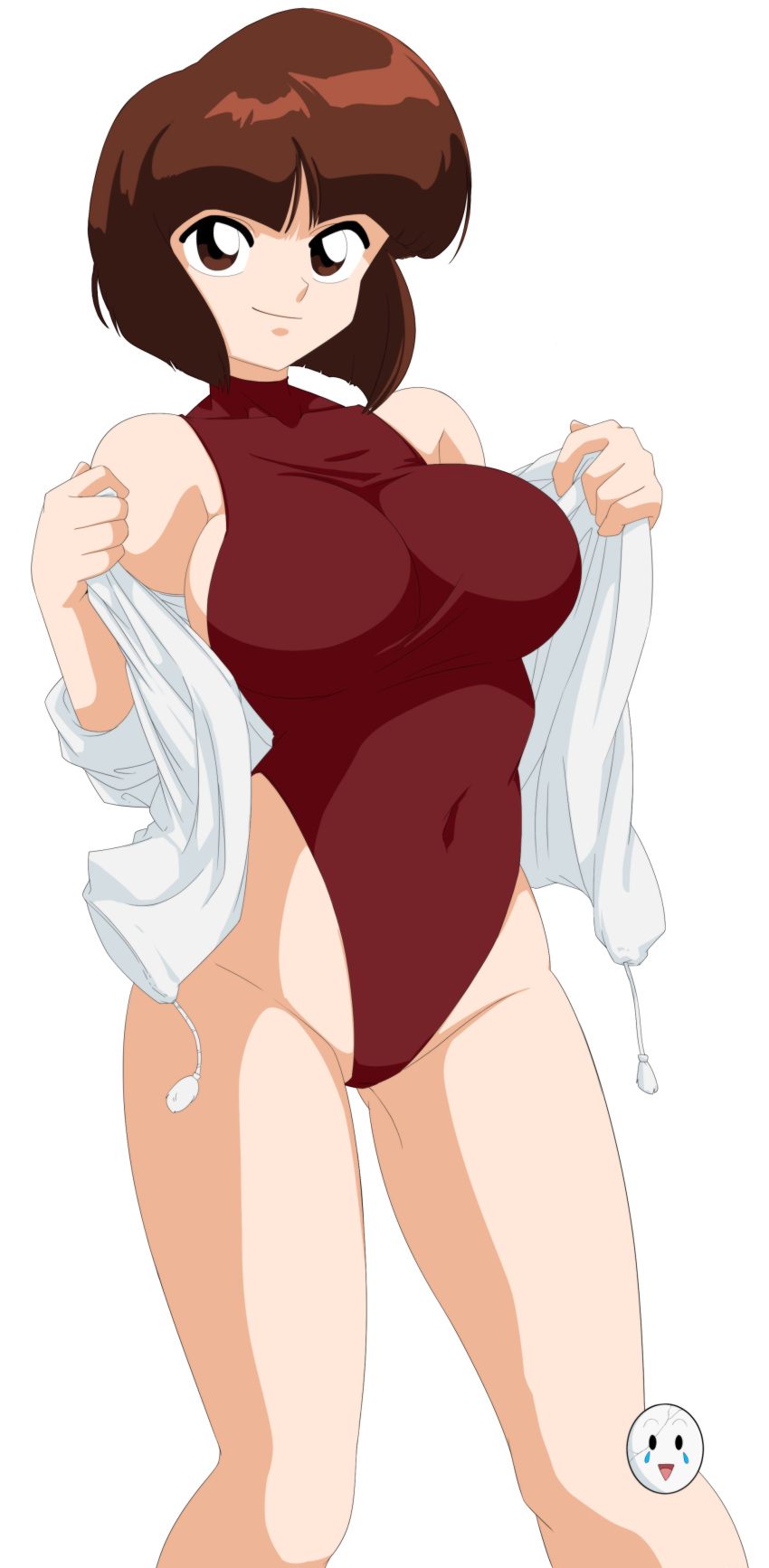 1girl absurdres breasts brown_eyes brown_hair caisamax highleg highleg_swimsuit highres jacket large_breasts looking_at_viewer one-piece_swimsuit ranma_1/2 short_hair simple_background smile swimsuit tendou_nabiki white_background