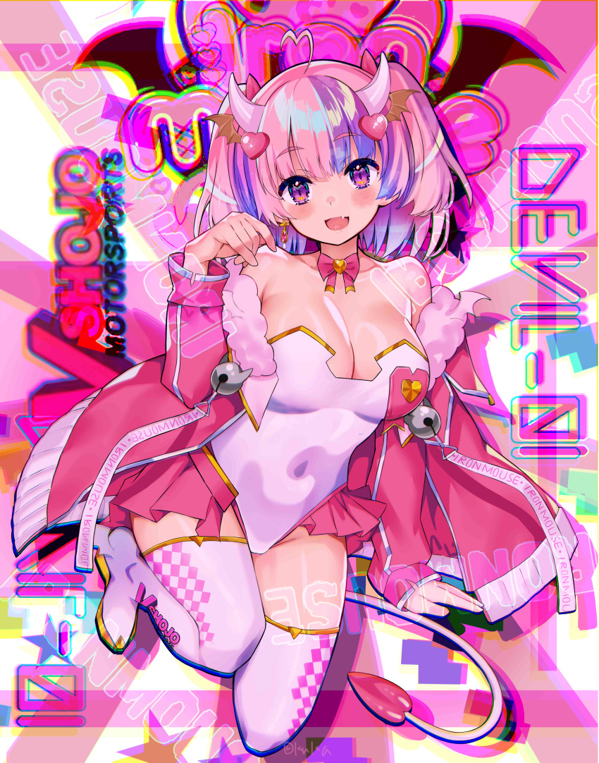 1girl absurdres ahoge breasts choker cleavage demon_girl demon_horns demon_tail demon_wings fang fur-trimmed_jacket fur_trim hair_ornament head_wings heart heart_ahoge heart_hair_ornament highres horns ironmouse ironmouse_(race_queen) jacket kuka large_breasts leotard long_hair looking_at_viewer multicolored_hair open_mouth pink_hair pink_jacket pink_skirt purple_eyes purple_hair ribbon_choker skin_fang skirt smile solo streaked_hair tail thighhighs twintails virtual_youtuber vshojo white_leotard white_thighhighs wings
