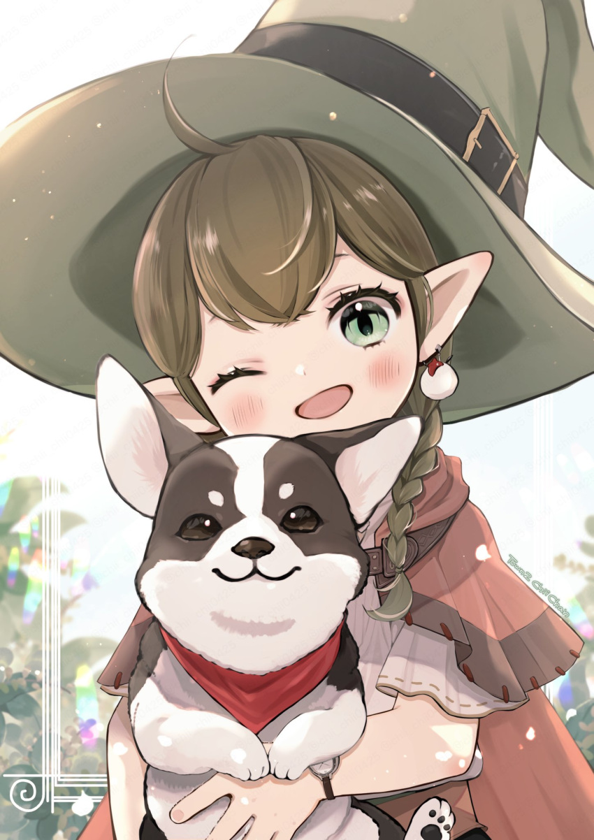 1girl ahoge animal blush braid brown_cloak chii_(pixiv20756878) cloak dog earrings final_fantasy final_fantasy_xiv flat_chest green_eyes green_hair hair_between_eyes hat head_tilt highres holding holding_animal holding_dog jewelry lalafell lens_flare looking_at_viewer medium_hair one_eye_closed pointy_ears red_scarf scarf shirt smile twin_braids two-tone_fur upper_body warrior_of_light_(ff14) watch welsh_corgi white_shirt witch_hat wristwatch
