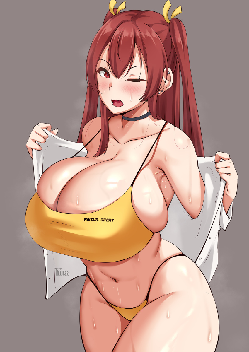 1girl armpits breasts cleavage collarbone commentary ear_piercing earrings english_commentary fang fukuda_reika grey_background hair_between_eyes hair_ribbon highres huge_breasts jewelry long_hair navel one_eye_closed open_mouth original piercing red_eyes red_hair ribbon shiny_skin shirt simple_background skindentation solo sports_bikini standing steaming_body sweat thighs twintails unbuttoned unbuttoned_shirt undersized_clothes undressing white_shirt yellow_ribbon yua_(argaoffroad)