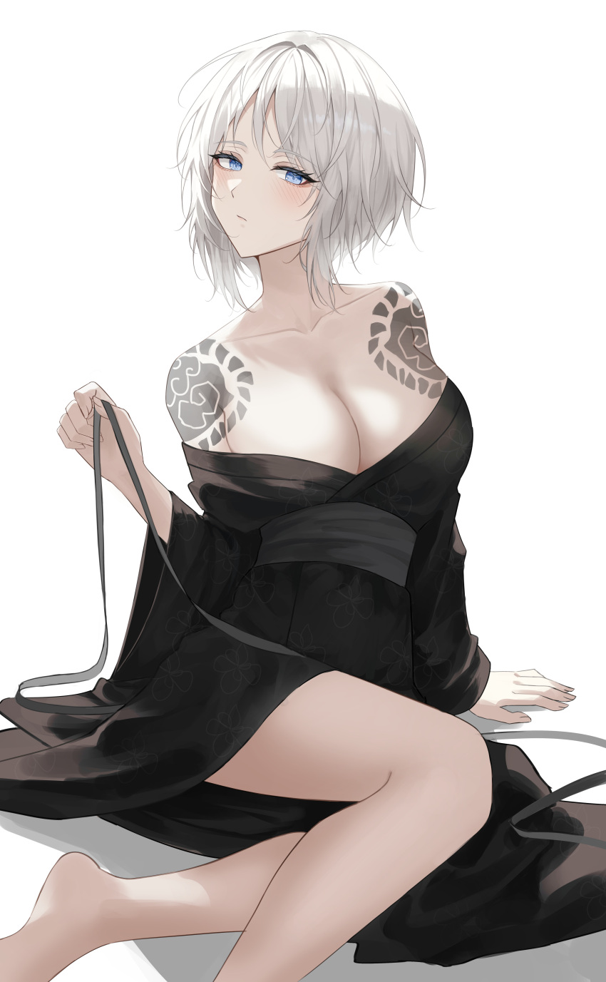 1girl absurdres bare_legs bare_shoulders black_kimono black_sash blue_eyes blush breasts cleavage closed_mouth collarbone commentary_request eonyan_(chaeyang) faust_(project_moon) highres japanese_clothes kimono large_breasts limbus_company long_sleeves looking_at_viewer obi off_shoulder project_moon sash short_hair shoulder_tattoo solo tattoo white_background white_hair