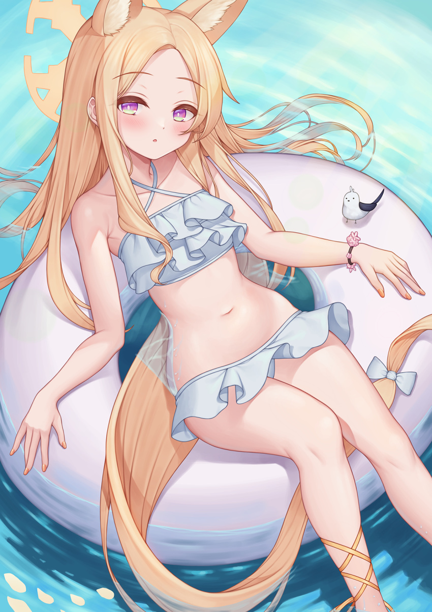 1girl animal animal_ear_fluff animal_ears bikini bird blonde_hair blue_archive bracelet closed_mouth flat_chest frilled_bikini frills halo highres jewelry long_hair looking_at_viewer pcreambang purple_eyes seia_(blue_archive) solo swimsuit very_long_hair water wet wet_hair white_bikini yellow_halo