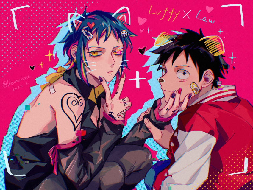 1boy 1girl bandaid bandaid_on_face bandaid_on_hand black_hair breasts closed_mouth commentary_request couple demorzel detached_sleeves drawn_ears drawn_whiskers genderswap genderswap_(mtf) hair_ornament hairclip hand_on_another's_face hand_tattoo heart hetero highres holding_another's_wrist jacket looking_at_viewer monkey_d._luffy one_piece pants pink_nails purple_nails scar scar_on_cheek scar_on_face short_hair shoulder_tattoo smile sparkle squatting sticker tattoo trafalgar_law yellow_eyes
