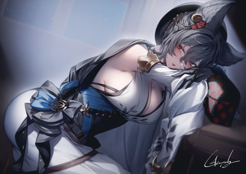 1girl animal_ears black_gloves black_headwear blush breasts character_request cleavage detached_sleeves dress erune from_side genyaky gloves granblue_fantasy grey_hair hair_ornament hat large_breasts long_sleeves parted_lips red_eyes signature smile solo white_dress