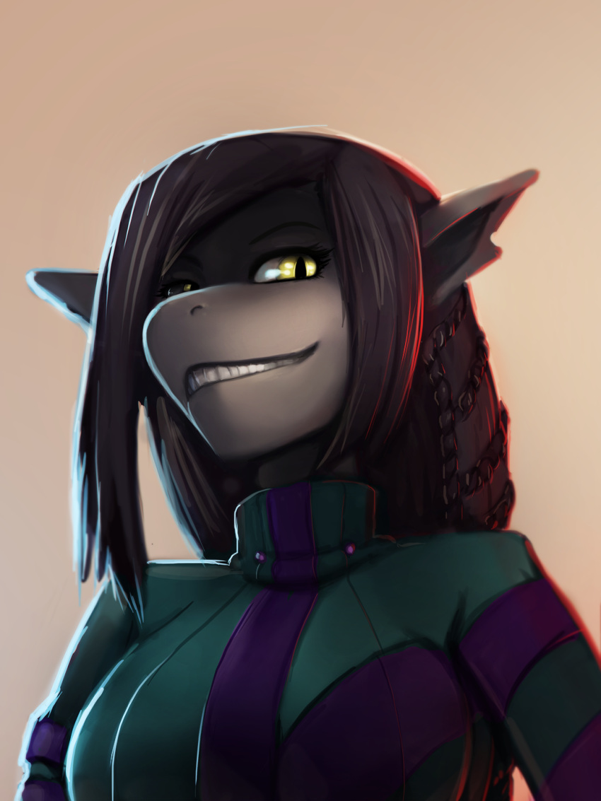 anthro black_hair breasts clothing digital_media_(artwork) female fish general-irrelevant green_clothing green_eyes hair hi_res looking_aside marine portrait pupils shark shio_assari simple_background slit_pupils smile solo