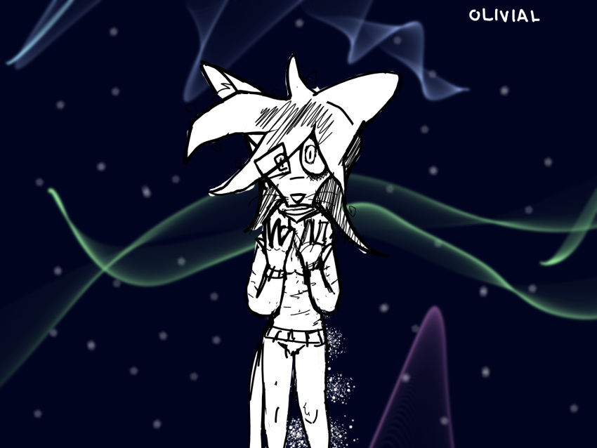 4_fingers anthro aurora_borealis black_background confusion dark domestic_cat felid feline felis female fingers hi_res humanoid in_space inner_ear_fluff long_sleeves long_tail looking_up mammal olivia_(olivialart) olivialart pantsless pathway round_eyes simple_background sketch sketchy slouching solo space square_eyes standing star sweatshirt trianglegay tuft unsure watermark