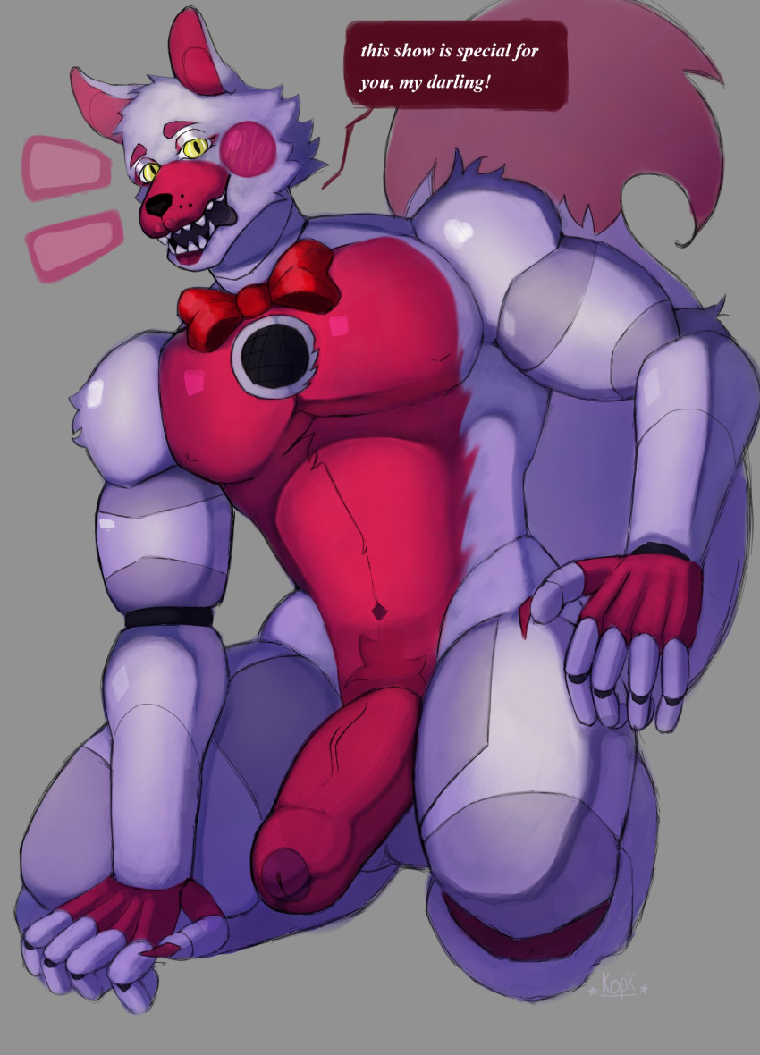 2022 animatronic anthro balls biceps big_penis blush blush_stickers bow_tie bow_tie_only canid canine dialogue digital_media_(artwork) english_text five_nights_at_freddy's foreskin fox funtime_foxy_(fnaf) funtime_foxy_(fnafsl) fur genitals glans grey_background hi_res humanoid_genitalia humanoid_penis kneeling kopk lipstick machine makeup male mammal mostly_nude muscular muscular_anthro muscular_male navel pecs penis pinup pose pubes red_body red_fur robot scottgames simple_background sister_location solo speech_bubble text vein veiny_penis video_games white_body white_fur