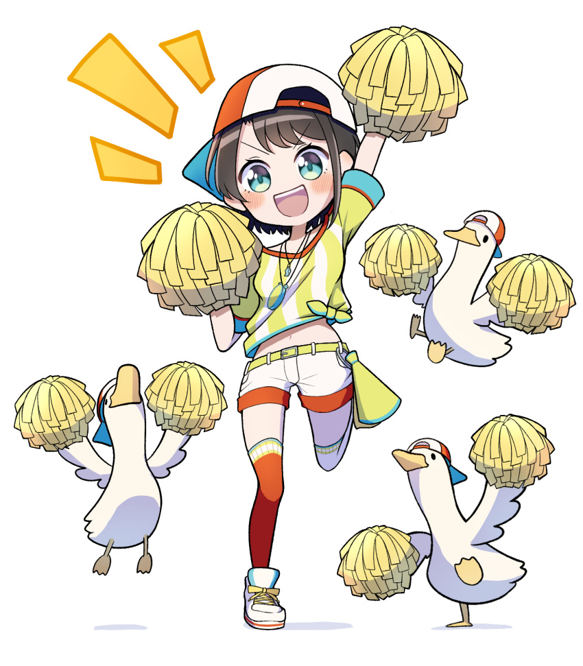 1girl :d animal arm_up asymmetrical_legwear bangs baseball_cap bird black_hair blush commentary_request duck green_eyes hand_up hat highres holding hololive looking_at_viewer midriff mismatched_legwear moja_(mojya_777) navel notice_lines oozora_subaru pom_pom_(cheerleading) shadow shirt shoes short_shorts short_sleeves shorts sideways_hat smile standing standing_on_one_leg striped striped_shirt subaru_duck teeth thighhighs tied_shirt upper_teeth v-shaped_eyebrows vertical-striped_shirt vertical_stripes virtual_youtuber white_background white_footwear white_headwear white_shorts