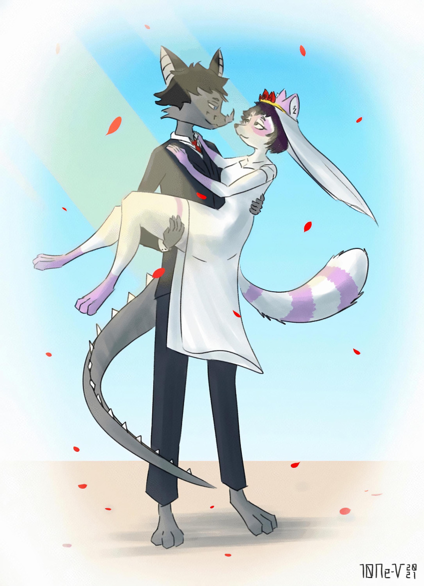 10ne-v absurd_res anthro barefoot boriselo carrying_partner chiropteran clothing dress duo feet female hamgie hi_res imminent_kiss male mammal markings petals procyonid raccoon ring_(marking) ringtail spiked_tail spikes spikes_(anatomy) suit tail_markings wedding wedding_dress