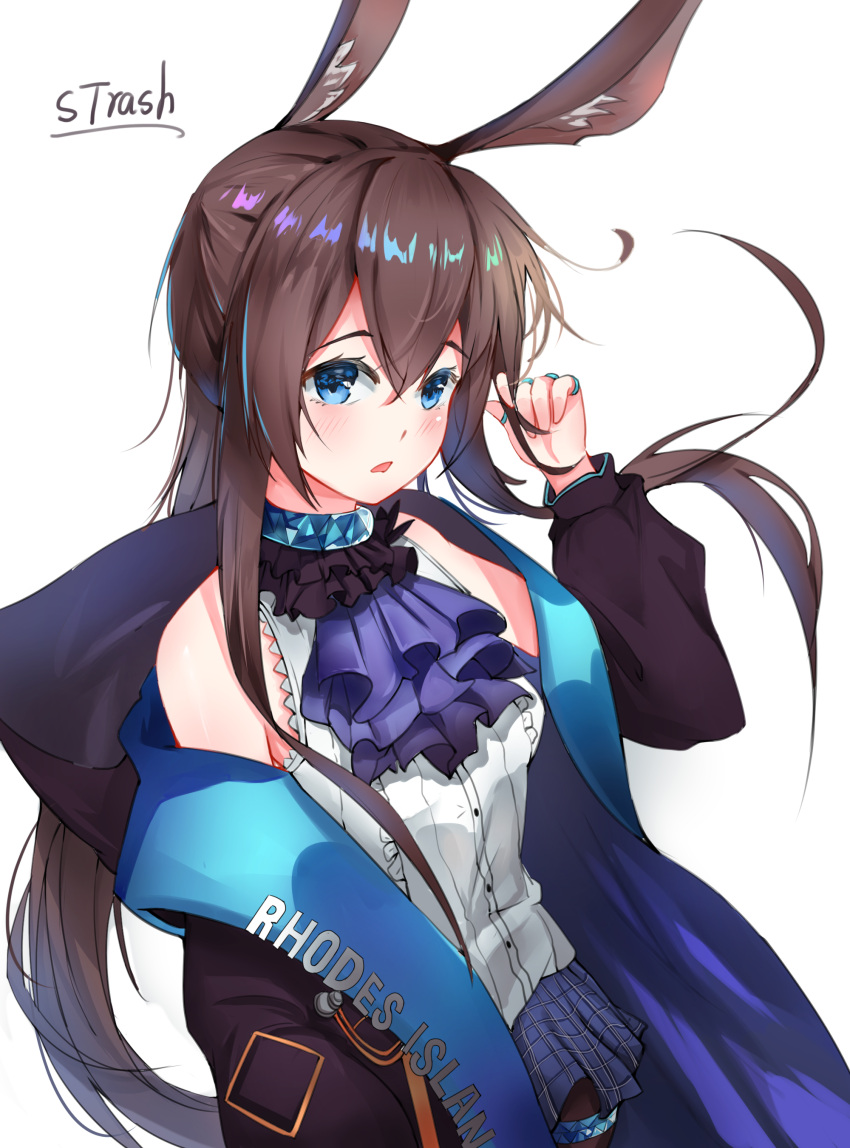 1girl absurdres amiya_(arknights) animal_ears arknights artist_name ascot bare_shoulders black_jacket black_pantyhose blue_ascot blue_collar blue_eyes blue_skirt brown_hair clothes_writing collar dated_commentary hair_between_eyes hand_up highres jacket jewelry long_hair long_sleeves multiple_rings neck_ring off_shoulder open_clothes open_jacket open_mouth pantyhose plaid plaid_skirt ponytail rabbit_ears rabbit_girl ring shiny shiny_hair shirt sidelocks simple_background skirt sleeveless sleeveless_shirt solo strash thighlet upper_body white_background white_shirt