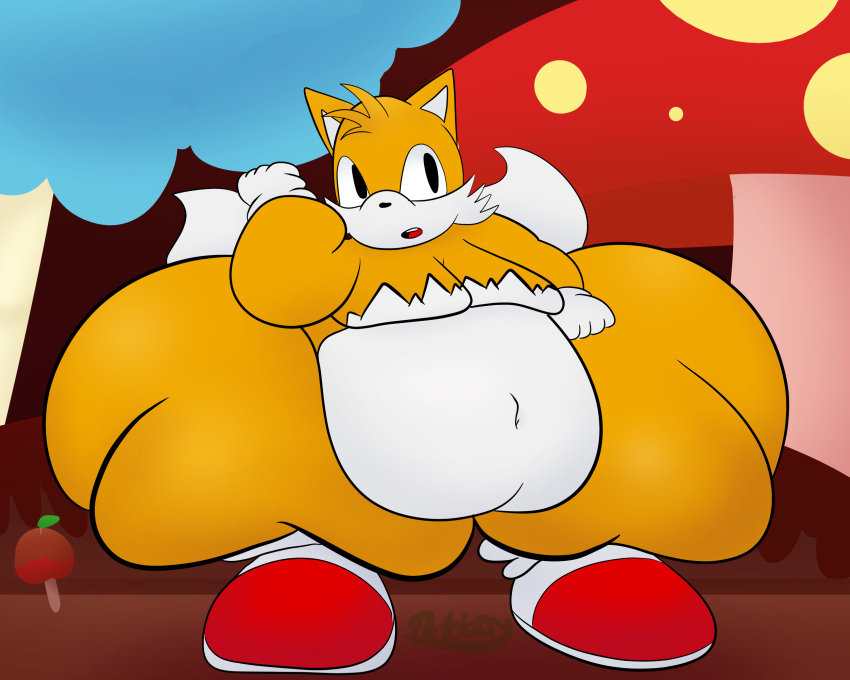 aged_up anthro belly big_belly butteryinkling candy_world canid canine clothing flabby_arms flabby_legs footwear fox gloves hand_on_hip handwear hi_res huge_thighs humanoid hyper hyper_hips hyper_thighs looking_aside male mammal miles_prower moobs morbidly_obese obese obese_anthro obese_male overweight overweight_anthro overweight_male red_clothing red_footwear red_shoes sega shoes signature solo sonic_the_hedgehog_(series) stripes thick_thighs white_clothing white_gloves white_handwear white_stripes wide_hips