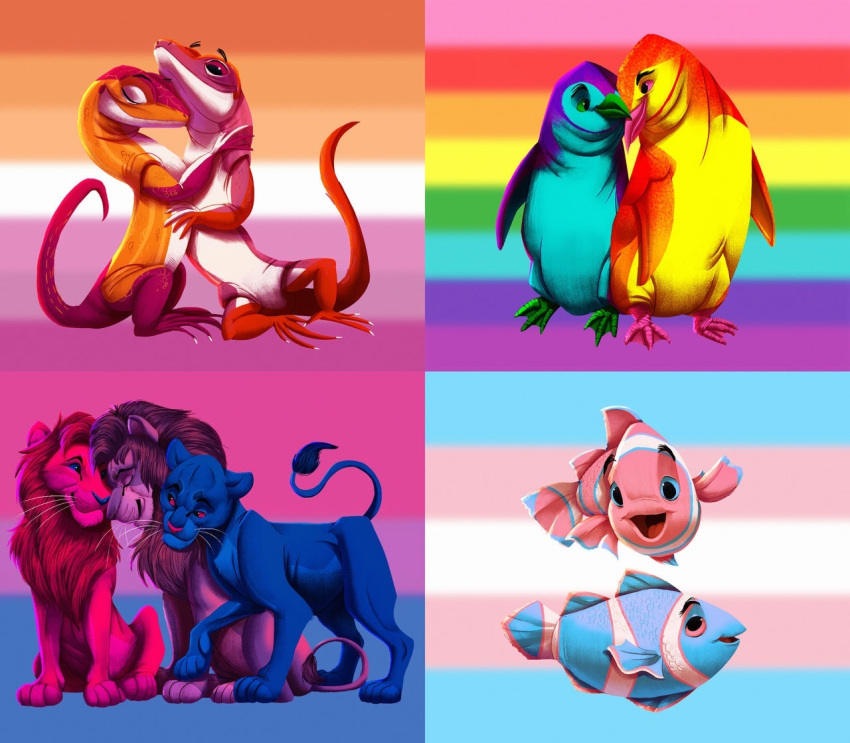 avian bird bisexual bisexual_pride_colors clownfish colorful colorful_background cuddling embrace eye_contact eyes_closed facts felid feline female female/female feral fish group heebjeeb hug lesbian_pride_colors lgbt_couple lgbt_pride lion lizard looking_at_another looking_at_viewer looking_down_at_partner looking_up_at_another male male/female male/male mammal marine nature nuzzling pantherine penguin pomacentrid pride_color_background pride_colors quadruped rainbow_flag rainbow_pride_flag rainbow_symbol reptile scalie simple_background smile transgender_pride_colors wholesome_hug