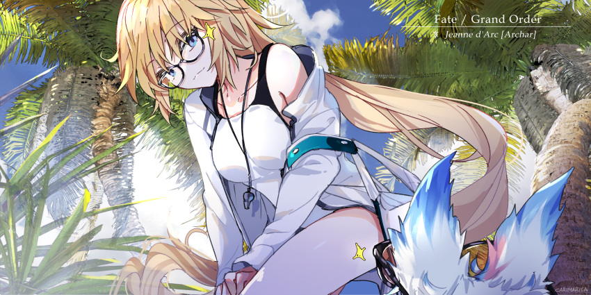1girl bangs bare_shoulders blonde_hair blue_eyes blue_sky breasts carimarica collarbone fate/grand_order fate_(series) fou_(fate) high_ponytail highleg highleg_swimsuit highres jacket jeanne_d'arc_(fate) jeanne_d'arc_(swimsuit_archer)_(fate) large_breasts long_hair looking_at_viewer one-piece_swimsuit palm_tree sitting sky swimsuit thighs tree very_long_hair white_jacket