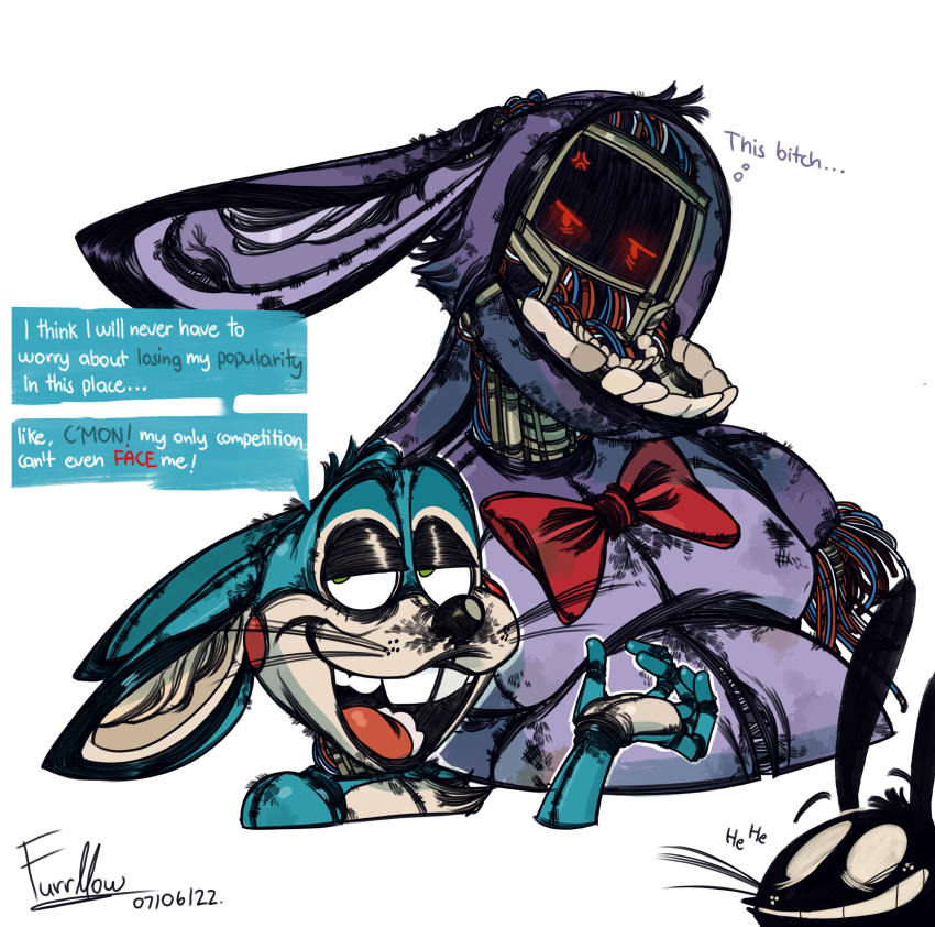 absurd_res angry animatronic annoyed anthro bow_tie five_nights_at_freddy's five_nights_at_freddy's_2 furrllow glowing group half-closed_eyes hi_res lagomorph leporid machine male mammal narrowed_eyes rabbit robot scottgames shadow_bonnie_(fnaf) smile teeth toy_bonnie_(fnaf) trio video_games withered_bonnie_(fnaf)