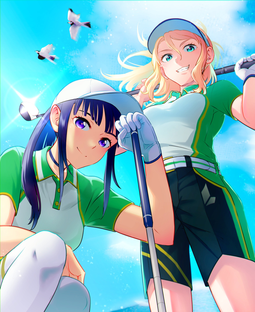 2girls absurdres amawashi_aoi bird birdie_wing:_golf_girls'_story blonde_hair blue_eyes blue_hair blue_sky cloud day eve_(birdie_wing) from_below gloves golf_club green_eyes grin highres long_hair looking_at_viewer multiple_girls niina_ryou one_knee outdoors shorts sky smile socks sunlight