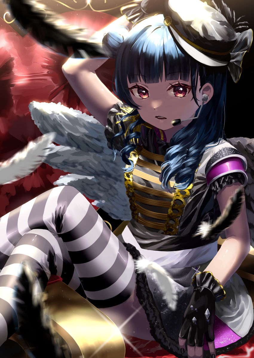 1girl absurdres arm_rest arm_up bangs black_feathers black_gloves black_headwear black_shirt black_thighhighs blue_hair blunt_bangs blurry crossed_legs dark_blue_hair depth_of_field earpiece falling_feathers feathers fingerless_gloves glint gloves hair_bun hat highres looking_at_viewer love_live! love_live!_sunshine!! open_mouth parted_lips peaked_cap ponpon_rabbit red_eyes shirt short_sleeves single_side_bun sitting_sideways solo striped striped_legwear symbol-only_commentary tatehoko_tsubasa thighhighs tilted_headwear tsurime tsushima_yoshiko white_feathers