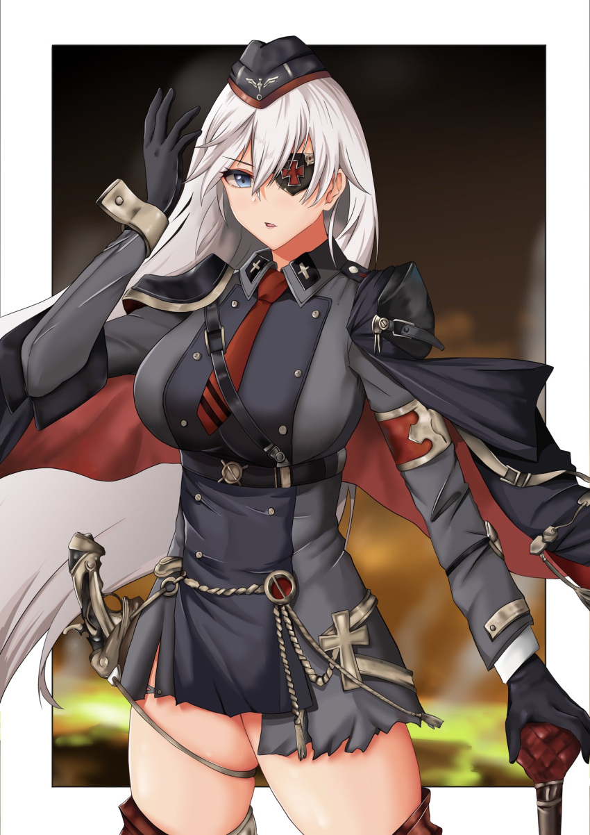 1girl adjusting_eyepatch azur_lane black_gloves black_headwear blue_eyes breasts cleavage cross eyepatch gloves hair_between_eyes hat high_heels highres iron_cross large_breasts long_hair looking_at_viewer military one_eye_covered open_mouth scharnhorst_(azur_lane) scharnhorst_(meta)_(azur_lane) simple_background takeshiki_no_hirata thighhighs transparent_background uniform very_long_hair weapon white_hair