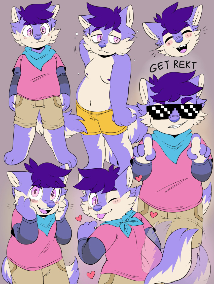 &lt;3 8_bit anthro bandana_on_neck blep blush bottomwear butt canid canine canis cargo_shorts cheek_tuft chihiro_(calahootheyeen) clothing facial_tuft fluffy fluffy_tail grin hair hi_res laugh lavender_fur layered_clothing male mammal markings mlg moobs nipples pattern_clothing purple_hair rondograzioso shaking_butt shorts slightly_chubby smile smirk solo striped_clothing striped_markings stripes tired tired_eyes tongue tongue_out tuft underwear wolf